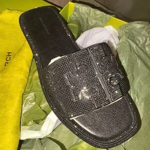 Black Slide Sandals with Rhinestone Detailing